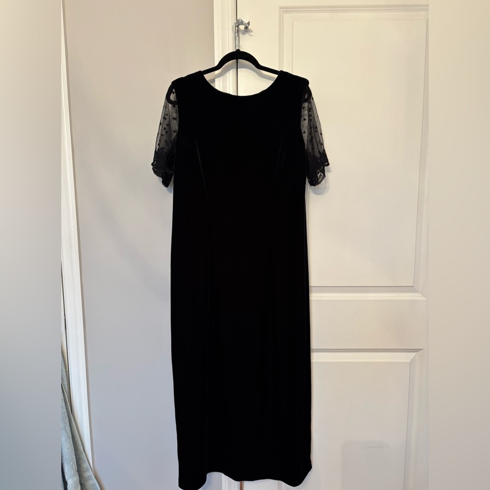 Vintage Robbie Bee Black Velvet Midi Dress with Lace Dot Sleeves